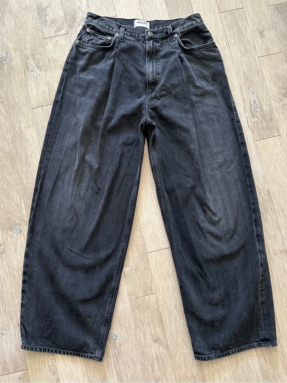 Agolde Belted Baggy Black Relaxed Pleat Jeans Organic Cotton Size 29